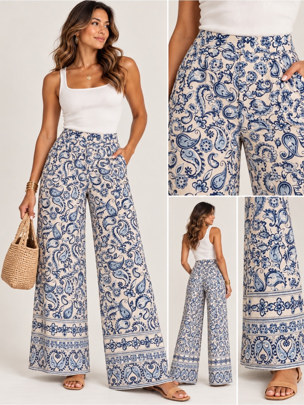 Zara Blue & White Paisley Wide-Leg Pants, Border Print Hem, High Rise, Size M